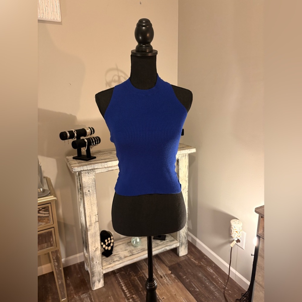 Royal Blue Cropped Knit Halter Top with a flattering criss-cross backless design